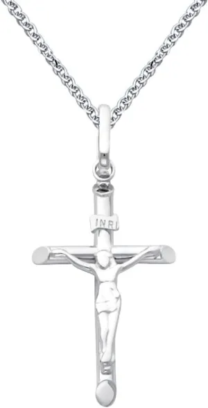 The World Jewelry Center 14k White Gold Crucifix Religious Cross Pendant with 1.3mm Flat Open Wheat Chain Necklace