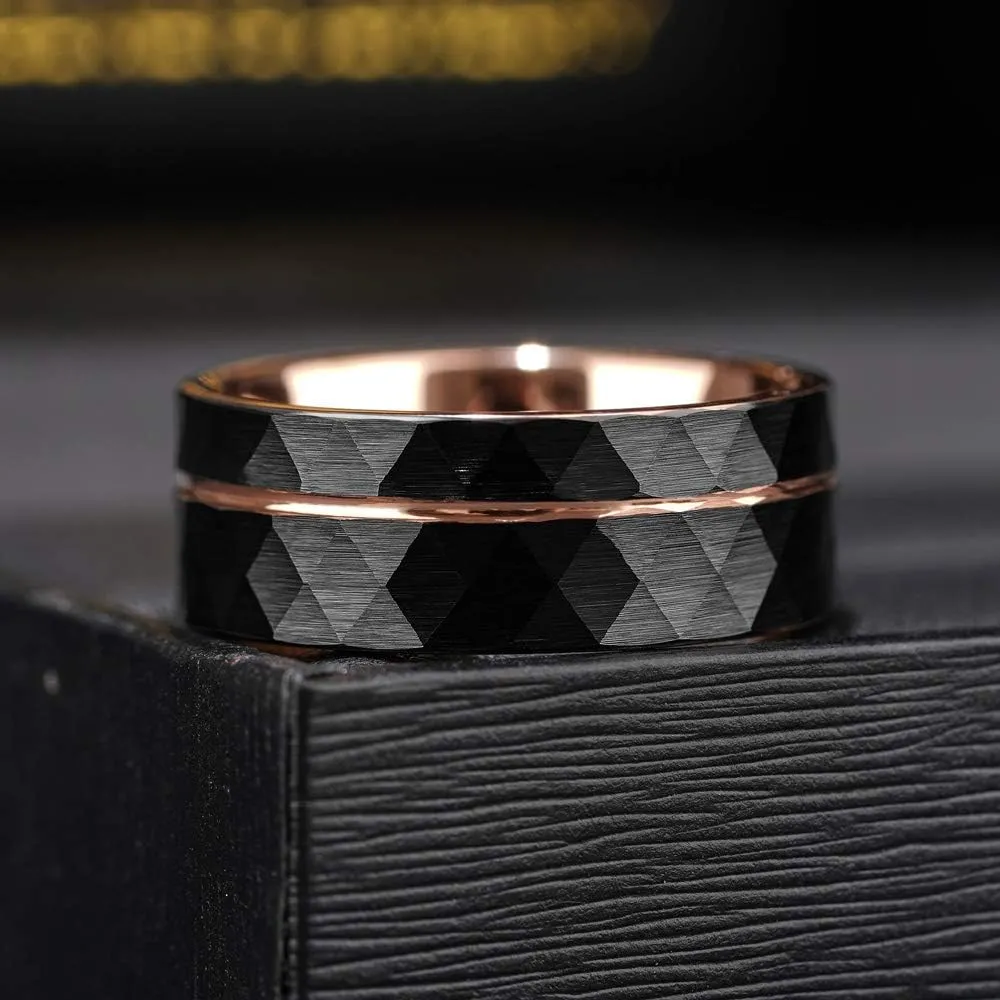 THREE KEYS JEWELRY Mens Womens Black Tungsten Rings 4mm 6mm 8mm Hammered Facet Silver Brushed with Rose Gold Stripe Wedding Bands