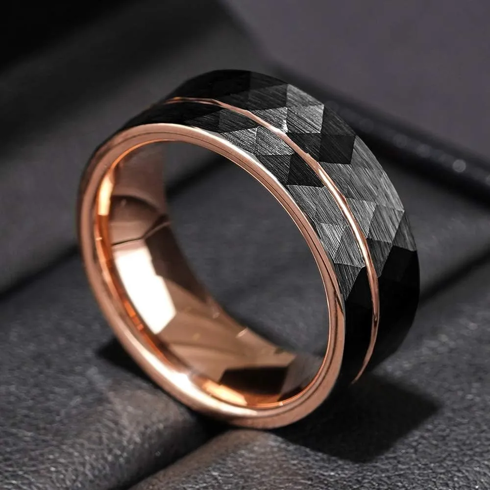 THREE KEYS JEWELRY Mens Womens Black Tungsten Rings 4mm 6mm 8mm Hammered Facet Silver Brushed with Rose Gold Stripe Wedding Bands