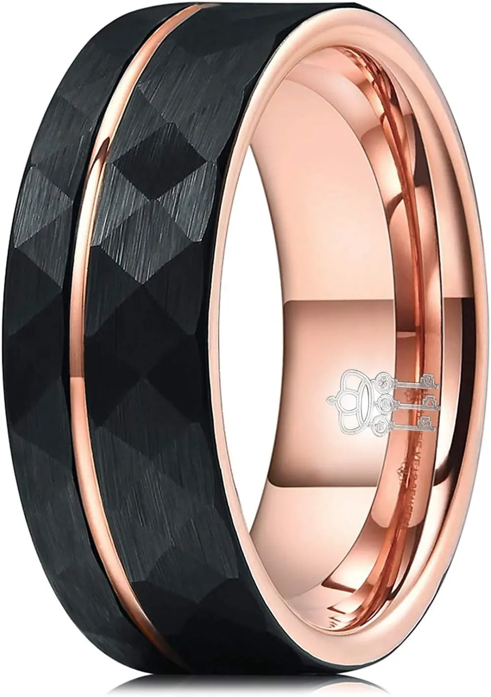 THREE KEYS JEWELRY Mens Womens Black Tungsten Rings 4mm 6mm 8mm Hammered Facet Silver Brushed with Rose Gold Stripe Wedding Bands