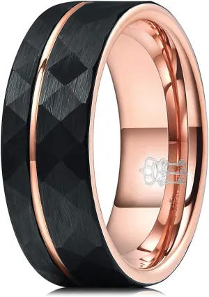 THREE KEYS JEWELRY Mens Womens Black Tungsten Rings 4mm 6mm 8mm Hammered Facet Silver Brushed with Rose Gold Stripe Wedding Bands