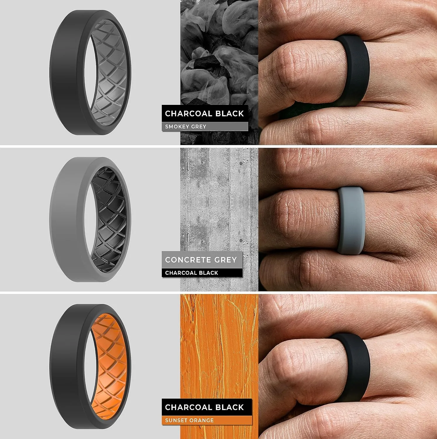 ThunderFit Men Silicone Wedding Rings, Breathable Pattern Engagement Bands 8mm Wide 2.2mm Thick - 1/4/7 Variety Multipack