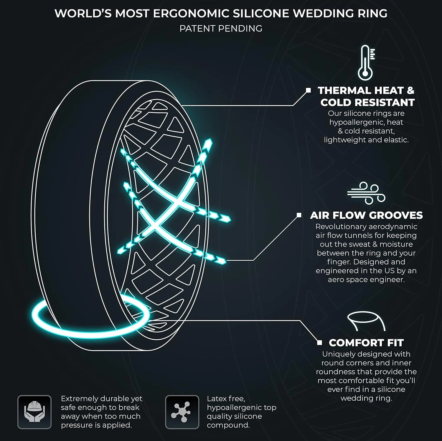 ThunderFit Men Silicone Wedding Rings, Breathable Pattern Engagement Bands 8mm Wide 2.2mm Thick - 1/4/7 Variety Multipack