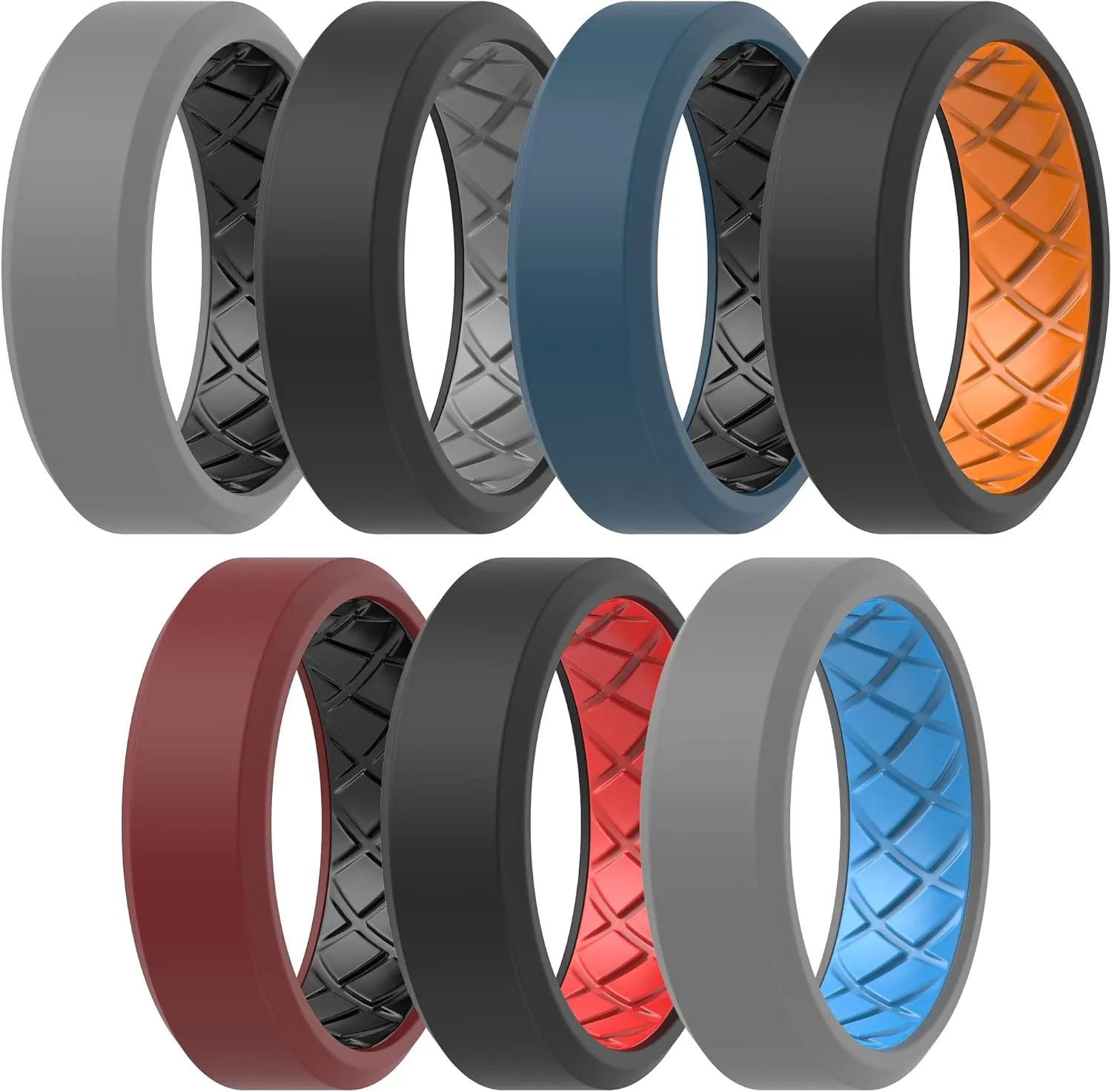 ThunderFit Men Silicone Wedding Rings, Breathable Pattern Engagement Bands 8mm Wide 2.2mm Thick - 1/4/7 Variety Multipack