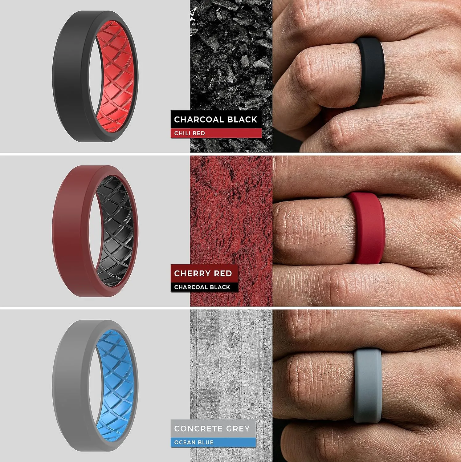 ThunderFit Men Silicone Wedding Rings, Breathable Pattern Engagement Bands 8mm Wide 2.2mm Thick - 1/4/7 Variety Multipack