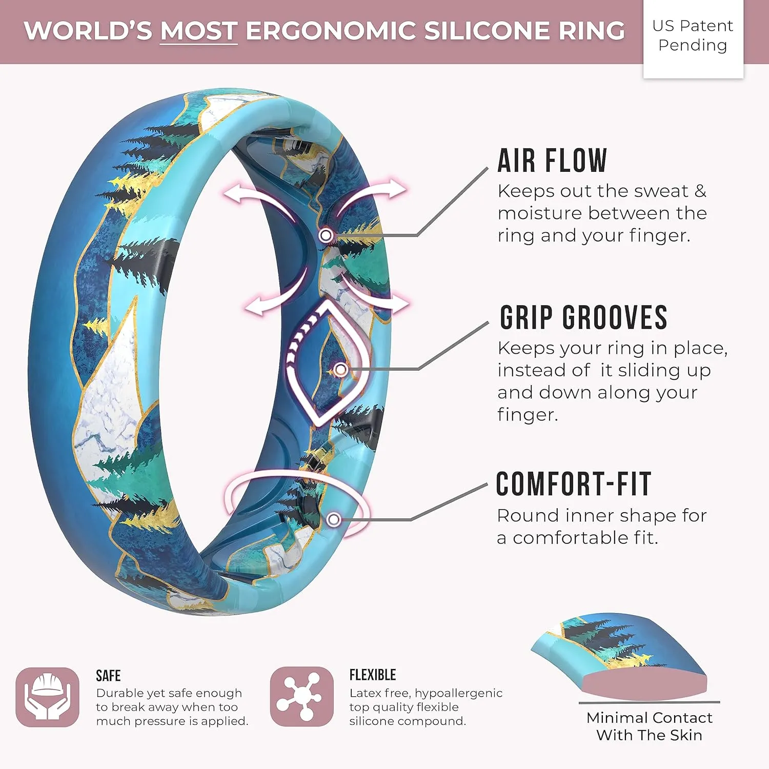 ThunderFit Silicone Wedding Bands for Women, Breathable Printed Design 5.5mm Wide 1.8mm Thick, 1-Pack