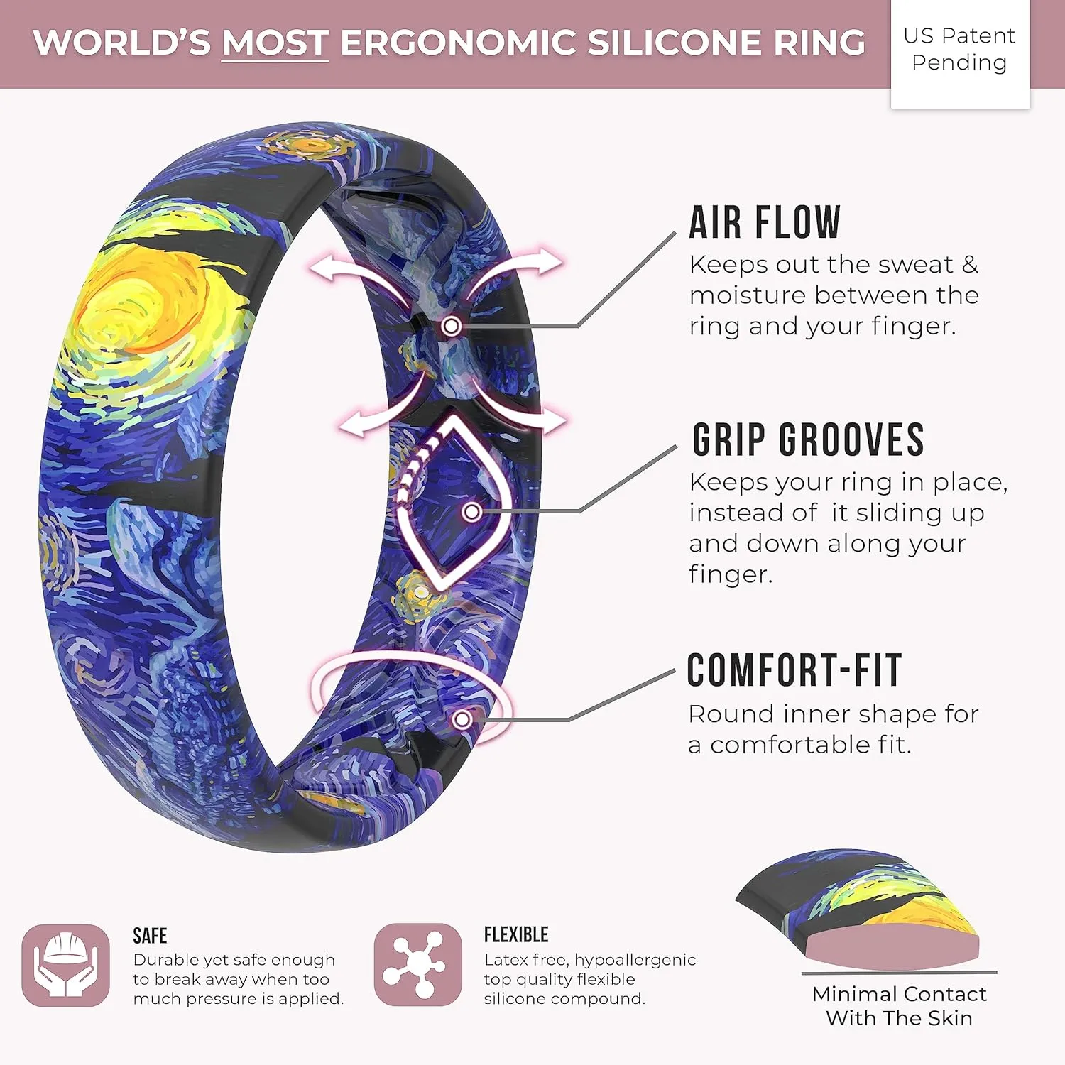 ThunderFit Silicone Wedding Bands for Women, Breathable Printed Design Rubber Engagement Rings 5.5mm Wide 1.8mm Thick - 1 Pack