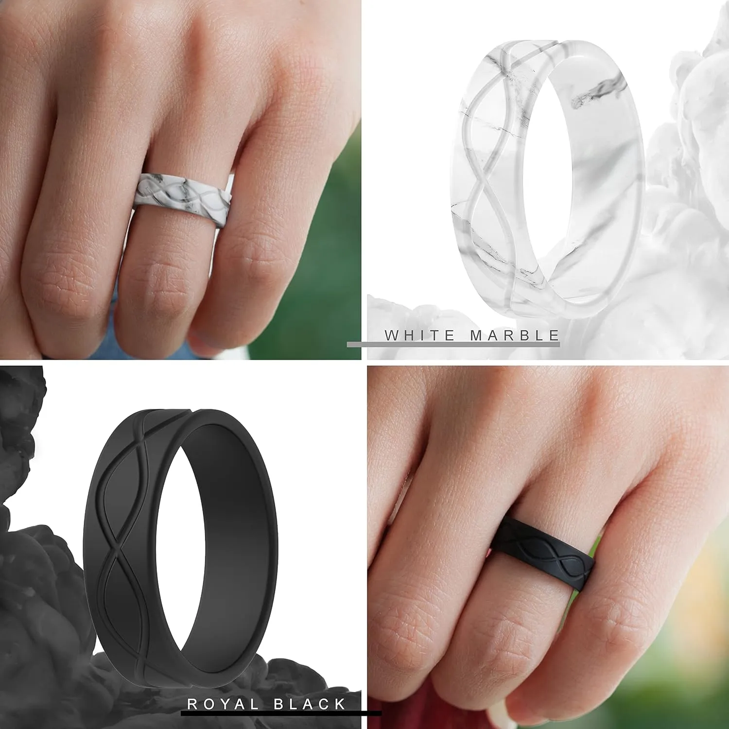 ThunderFit Silicone Wedding Bands for Women, Infinity Design 6mm Wide 1.8mm Thick - 1/4/7 Variety Multipack