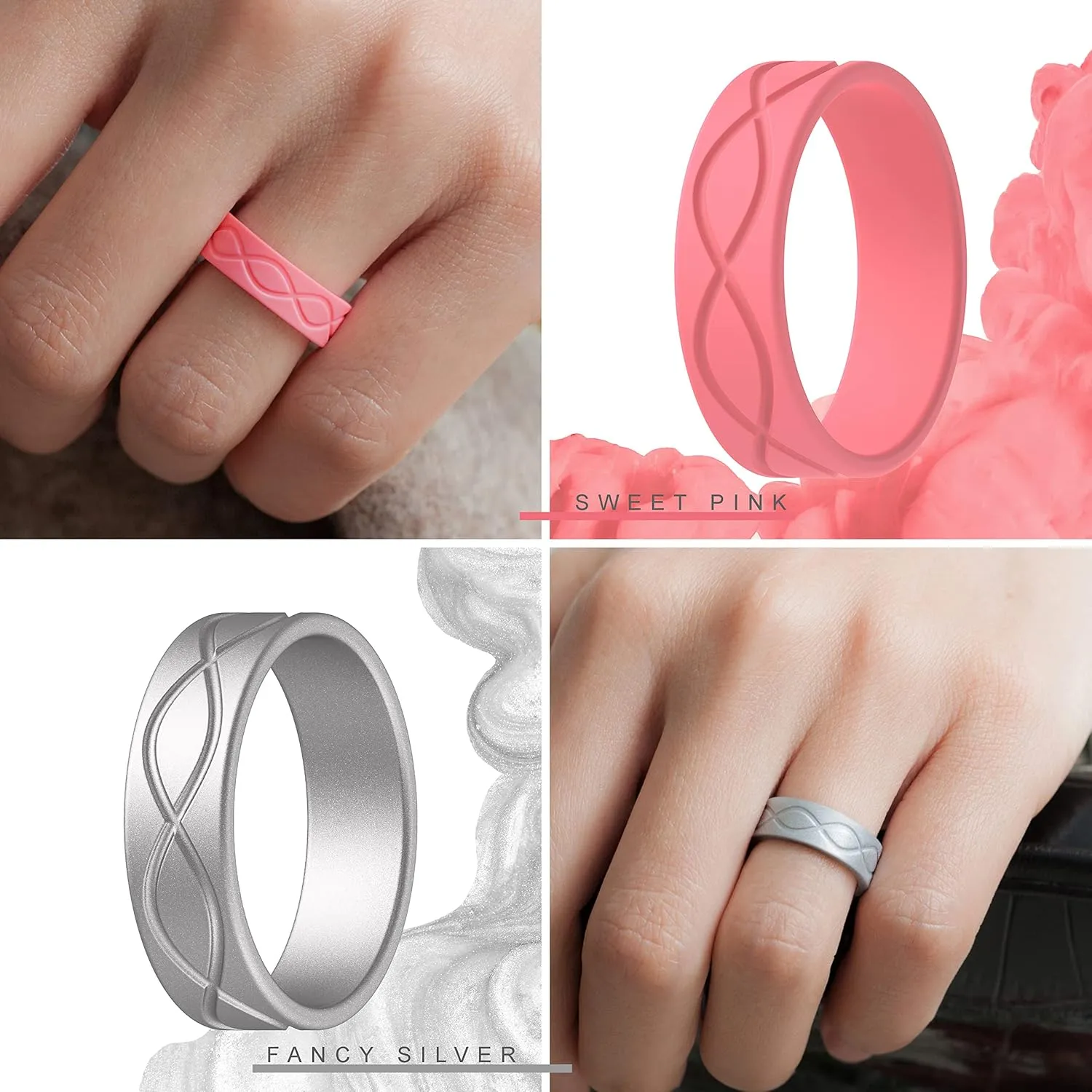 ThunderFit Silicone Wedding Bands for Women, Infinity Design 6mm Wide 1.8mm Thick - 1/4/7 Variety Multipack
