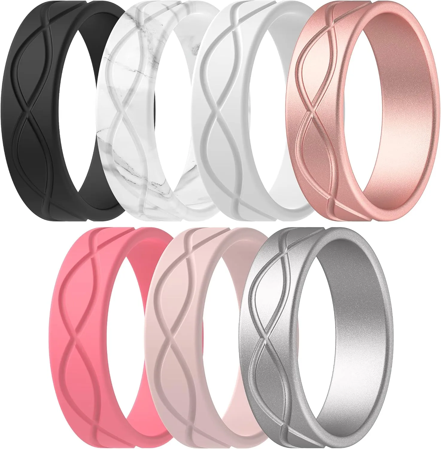 ThunderFit Silicone Wedding Bands for Women, Infinity Design 6mm Wide 1.8mm Thick - 1/4/7 Variety Multipack