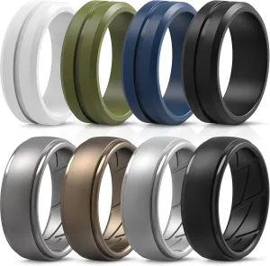 ThunderFit Silicone Wedding Rings for Men, Middle Engraved Line and Breathable Step Edge 8 Mixed Rubber Engagement Bands