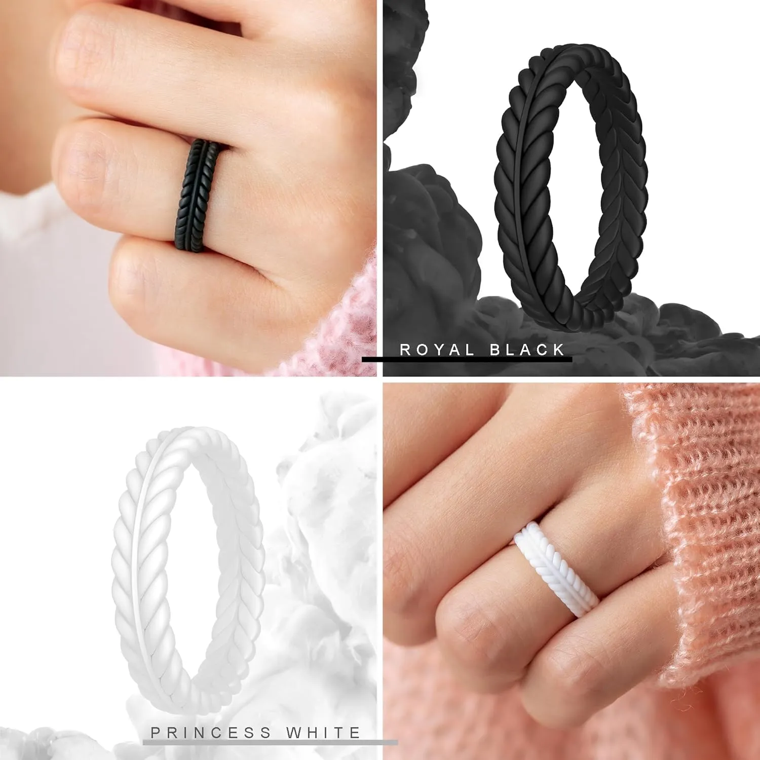 ThunderFit Silicone Wedding Rings for Women, Braided Pattern Engagement Bands 4.6mm Wide 2.2mm Thick - 1/8/9 Variety Multipack