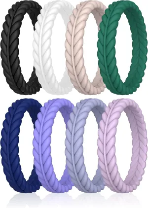 ThunderFit Silicone Wedding Rings for Women, Braided Pattern Engagement Bands 4.6mm Wide 2.2mm Thick - 1/8/9 Variety Multipack