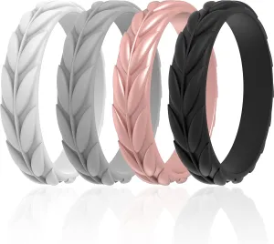 ThunderFit Silicone Wedding Rings for Women, Leaf Design Rubber Engagement Bands 5.2mm Wide 2mm Thick - 1/4/7 Variety Multipack