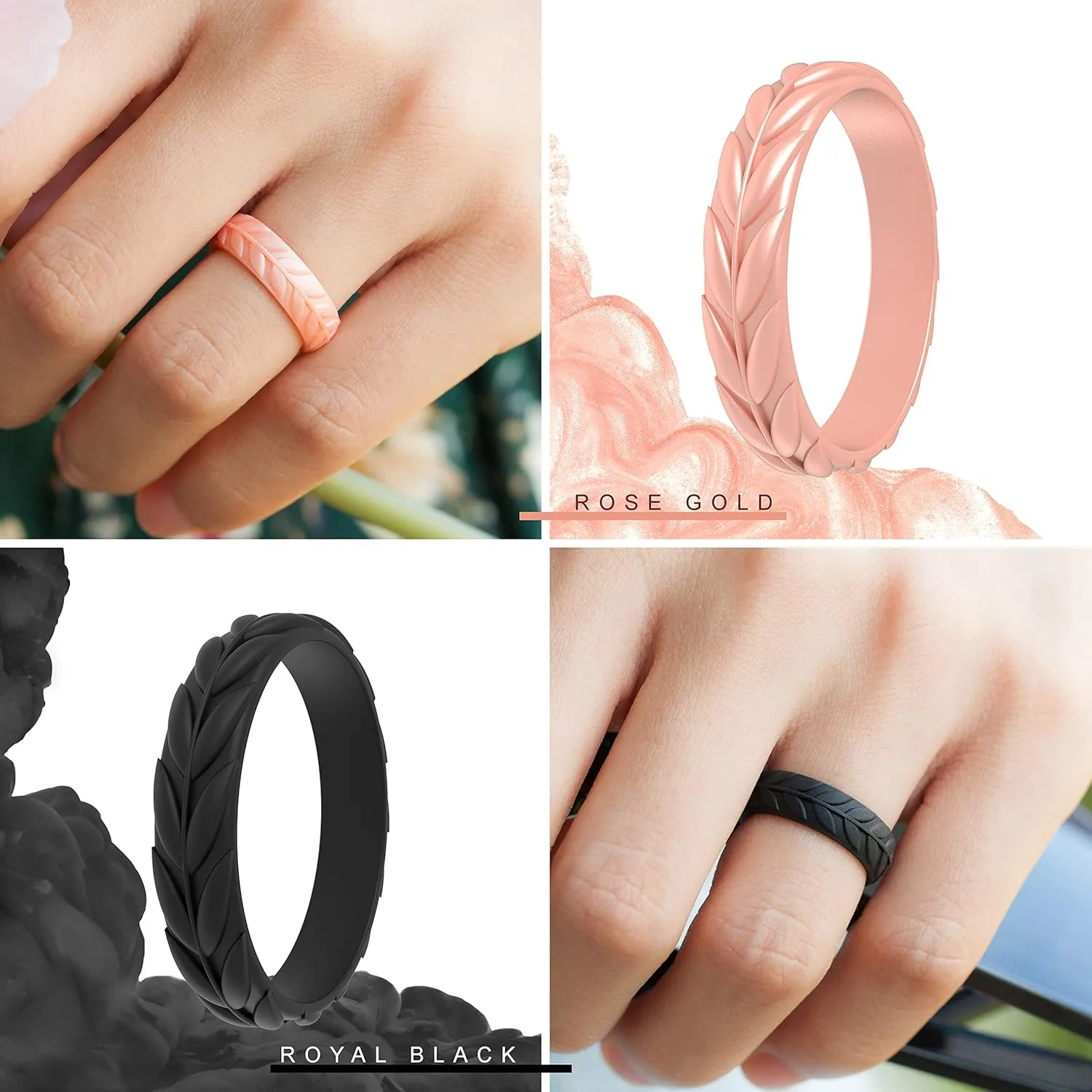 ThunderFit Silicone Wedding Rings for Women, Leaf Design Rubber Engagement Bands 5.2mm Wide 2mm Thick - 1/4/7 Variety Multipack