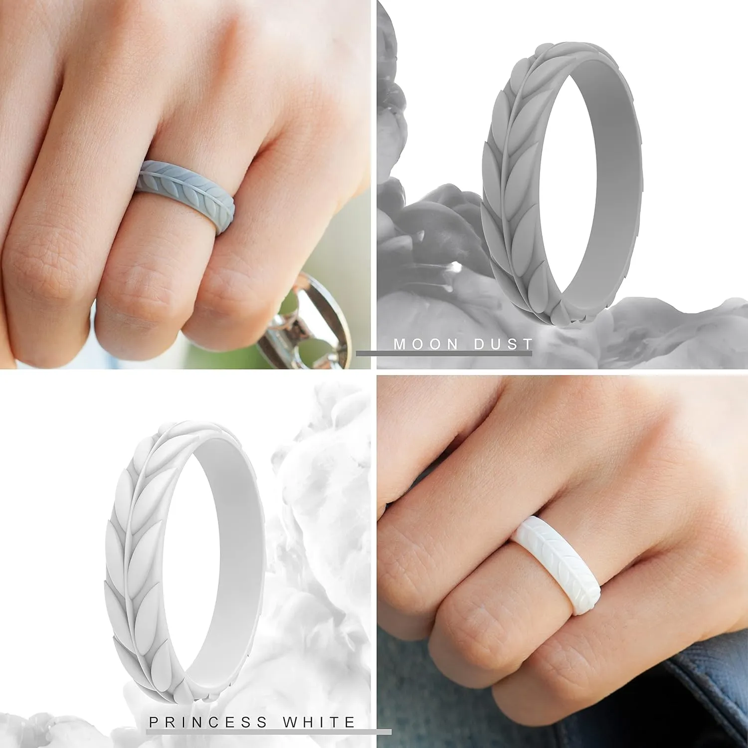 ThunderFit Silicone Wedding Rings for Women, Leaf Design Rubber Engagement Bands 5.2mm Wide 2mm Thick - 1/4/7 Variety Multipack