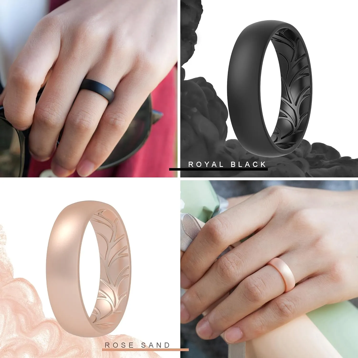 ThunderFit Women Silicone Wedding Bands, Breathable Leaf Cross Pattern Rubber Engagement Rings 5.5mm Wide 1.6mm Thick - 1/4 Variety Multipack