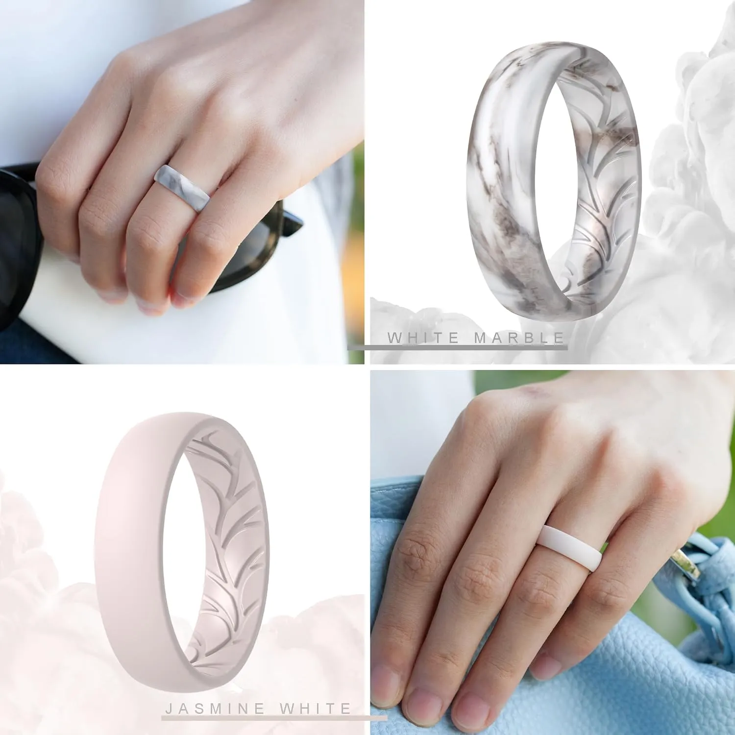 ThunderFit Women Silicone Wedding Bands, Breathable Leaf Cross Pattern Rubber Engagement Rings 5.5mm Wide 1.6mm Thick - 1/4 Variety Multipack