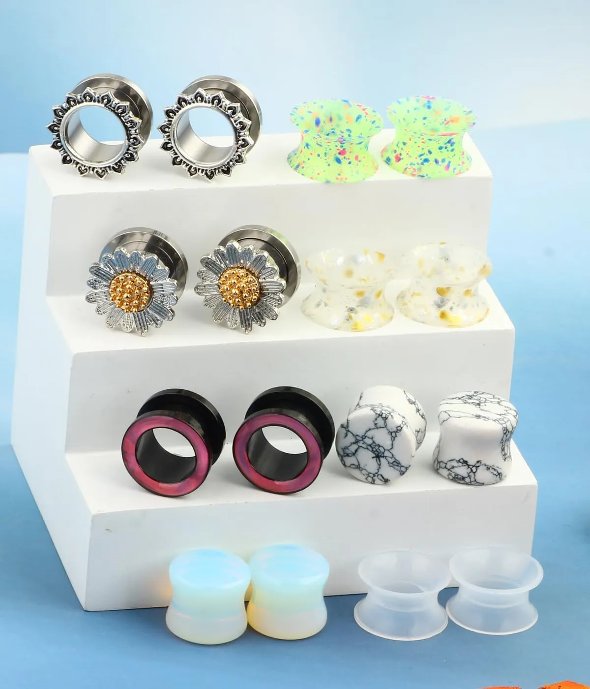 TIANCI FBYJS 8 Pairs Stainless Steel Ear Tunnels and Plugs Flesh Expander Earring Gauges Silicone Glass Piercing Strecher Set for Women Men 2G-5/8 G