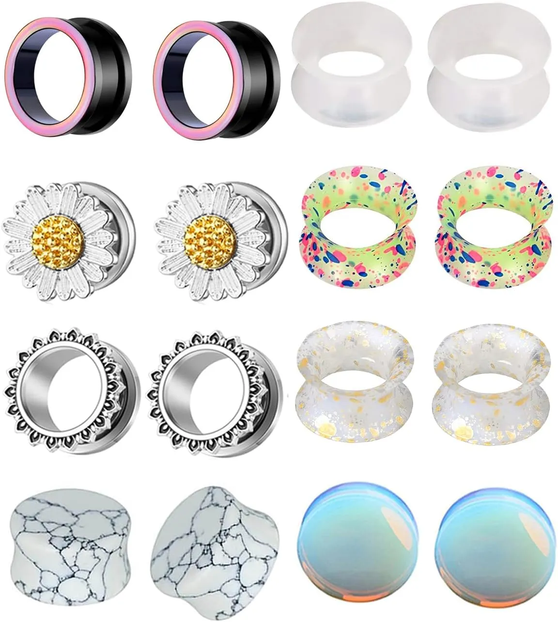 TIANCI FBYJS 8 Pairs Stainless Steel Ear Tunnels and Plugs Flesh Expander Earring Gauges Silicone Glass Piercing Strecher Set for Women Men 2G-5/8 G