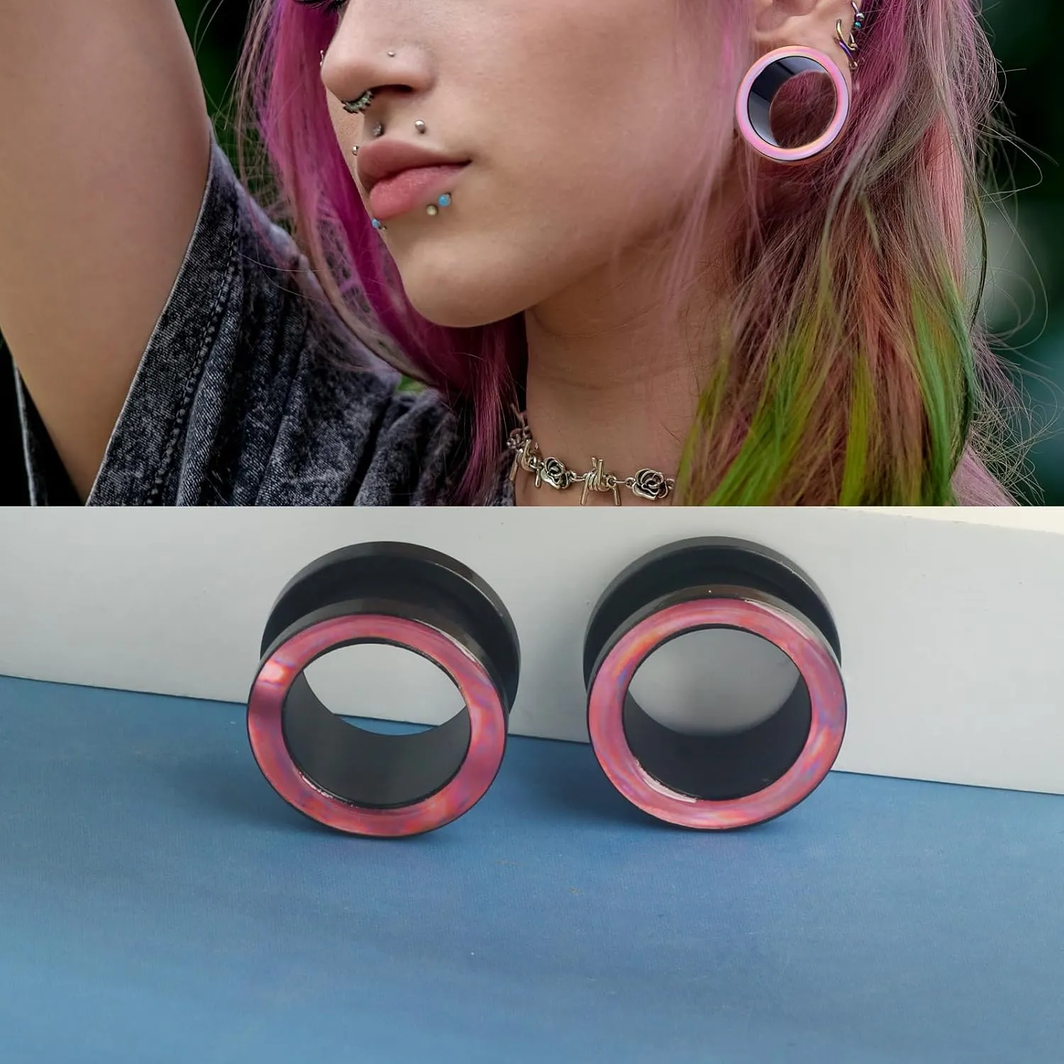 TIANCI FBYJS 8 Pairs Stainless Steel Ear Tunnels and Plugs Flesh Expander Earring Gauges Silicone Glass Piercing Strecher Set for Women Men 2G-5/8 G