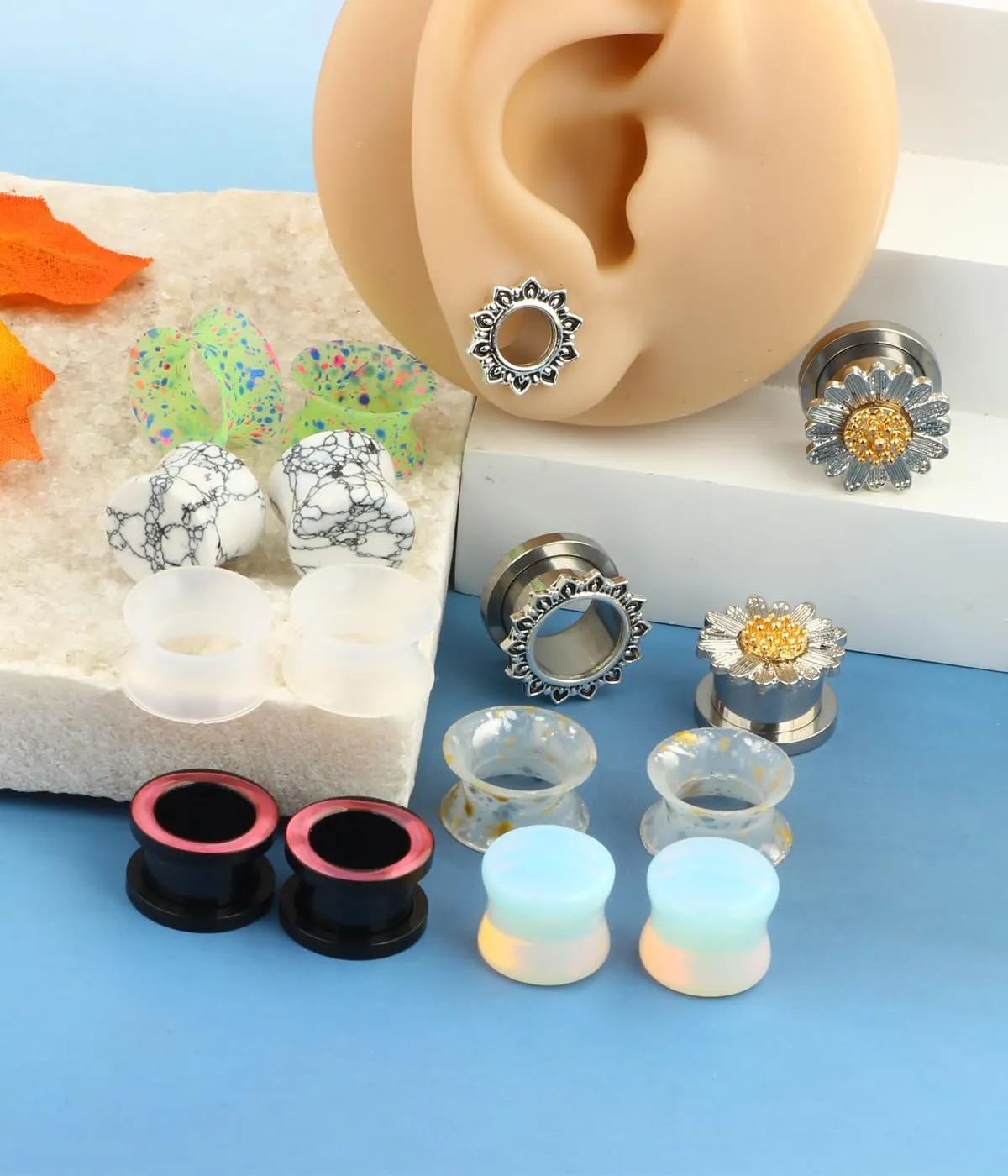 TIANCI FBYJS 8 Pairs Stainless Steel Ear Tunnels and Plugs Flesh Expander Earring Gauges Silicone Glass Piercing Strecher Set for Women Men 2G-5/8 G