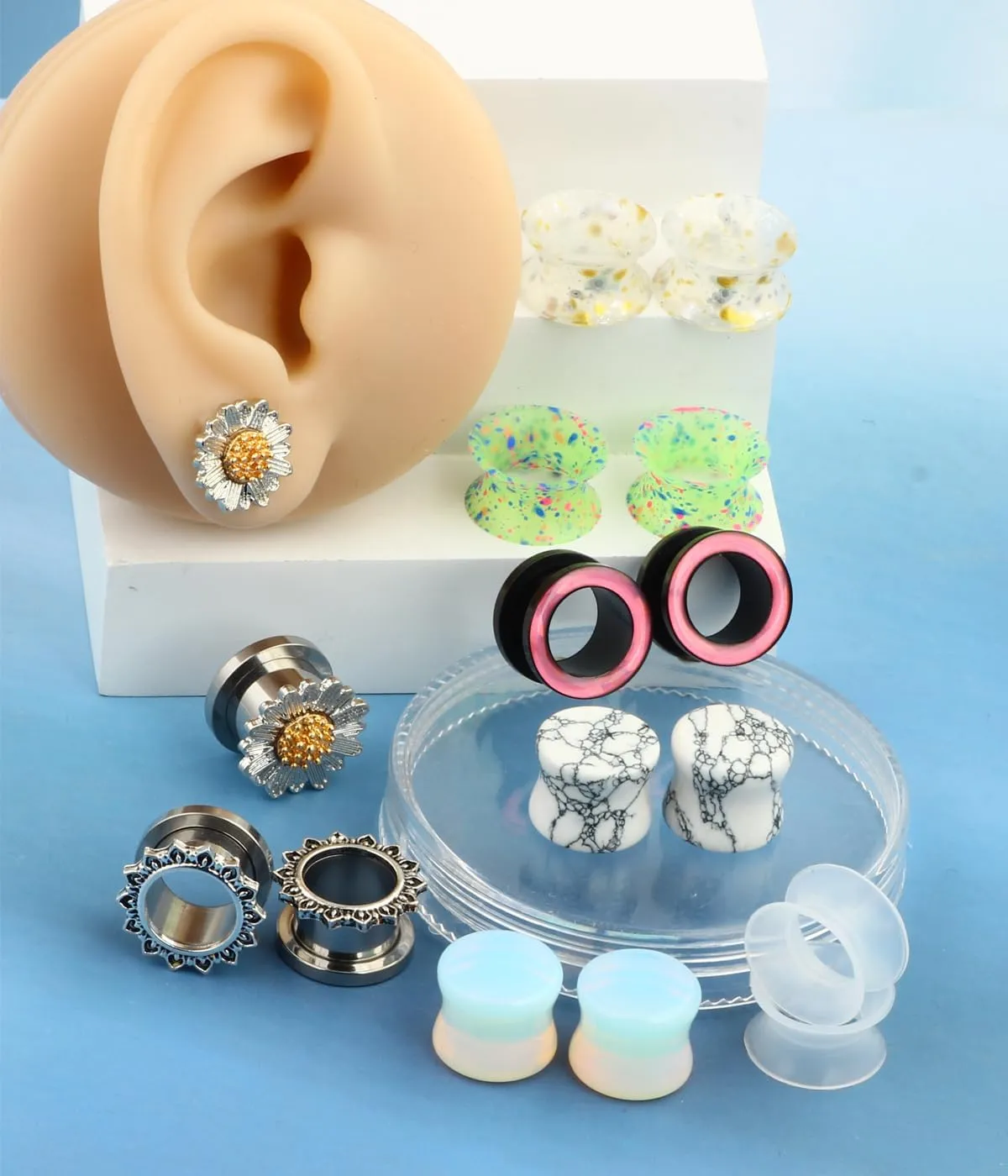 TIANCI FBYJS 8 Pairs Stainless Steel Ear Tunnels and Plugs Flesh Expander Earring Gauges Silicone Glass Piercing Strecher Set for Women Men 2G-5/8 G
