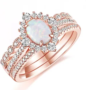 TIGRADE 1.5CT Oval Opal Bridal Ring Sets 3Pcs Rose Gold Stackable Rings Cubic Zirconia Engagement Halo CZ Wedding Band for Women Size 3-12