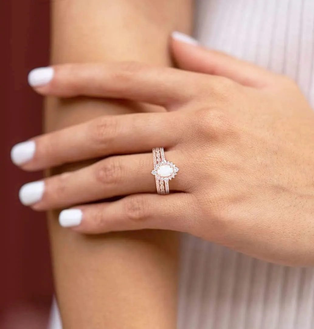 TIGRADE 1.5CT Oval Opal Bridal Ring Sets 3Pcs Rose Gold Stackable Rings Cubic Zirconia Engagement Halo CZ Wedding Band for Women Size 3-12