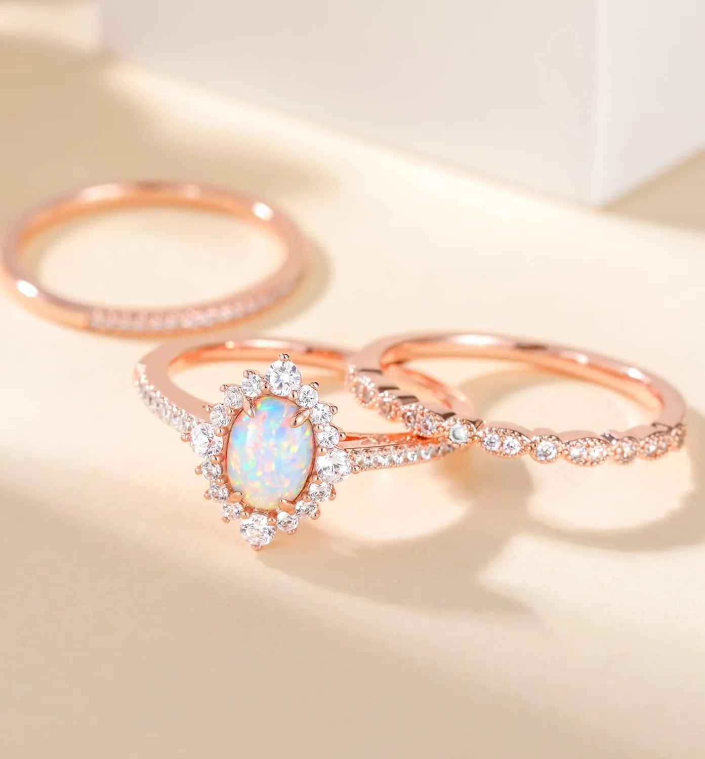 TIGRADE 1.5CT Oval Opal Bridal Ring Sets 3Pcs Rose Gold Stackable Rings Cubic Zirconia Engagement Halo CZ Wedding Band for Women Size 3-12