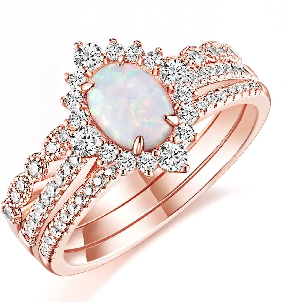 TIGRADE 1.5CT Oval Opal Bridal Ring Sets 3Pcs Rose Gold Stackable Rings Cubic Zirconia Engagement Halo CZ Wedding Band for Women Size 3-12