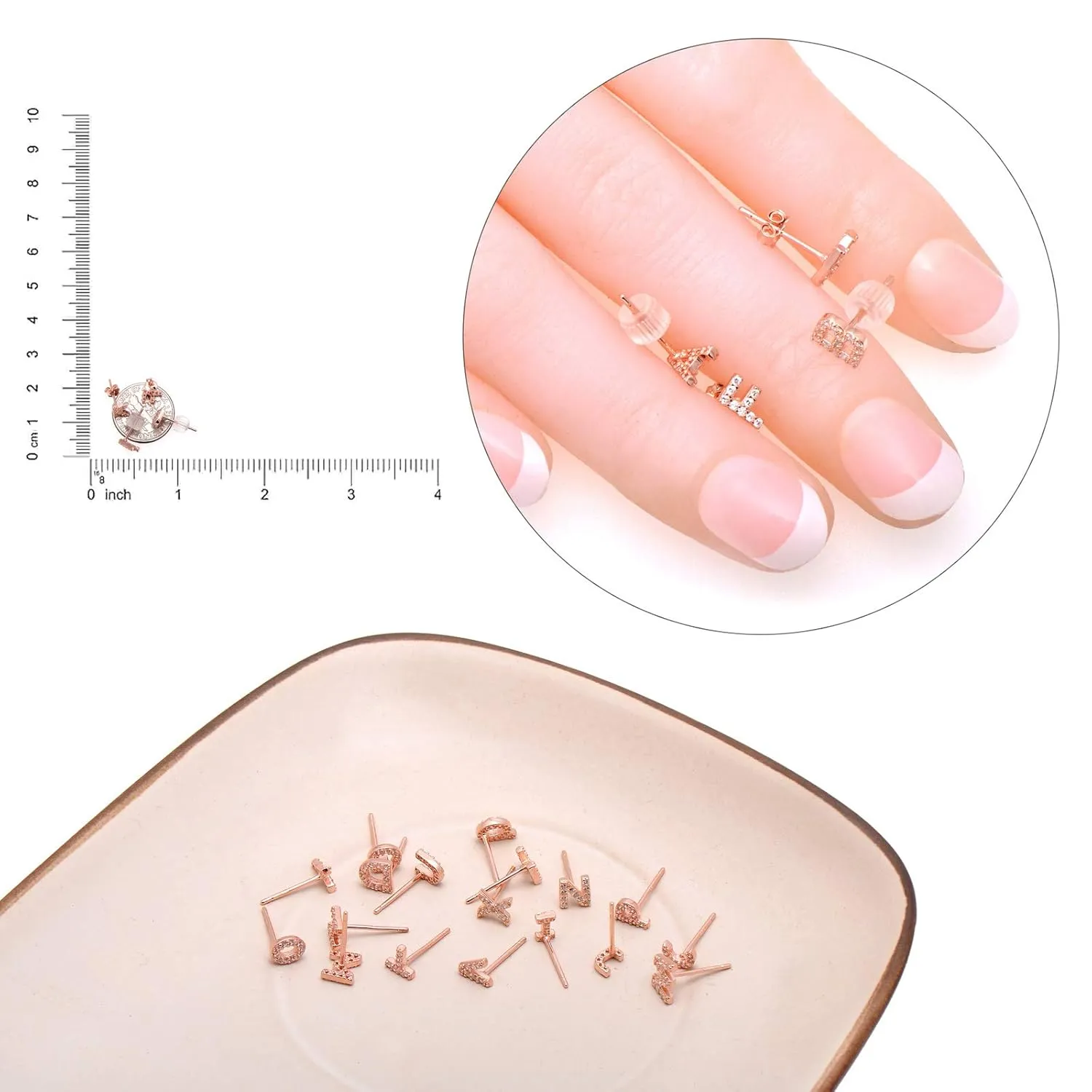 Tiny Sterling Silver Letter N Initial Earrings Studs Cubic Zirconia Diamond Earrings for Women, White Gold Plated