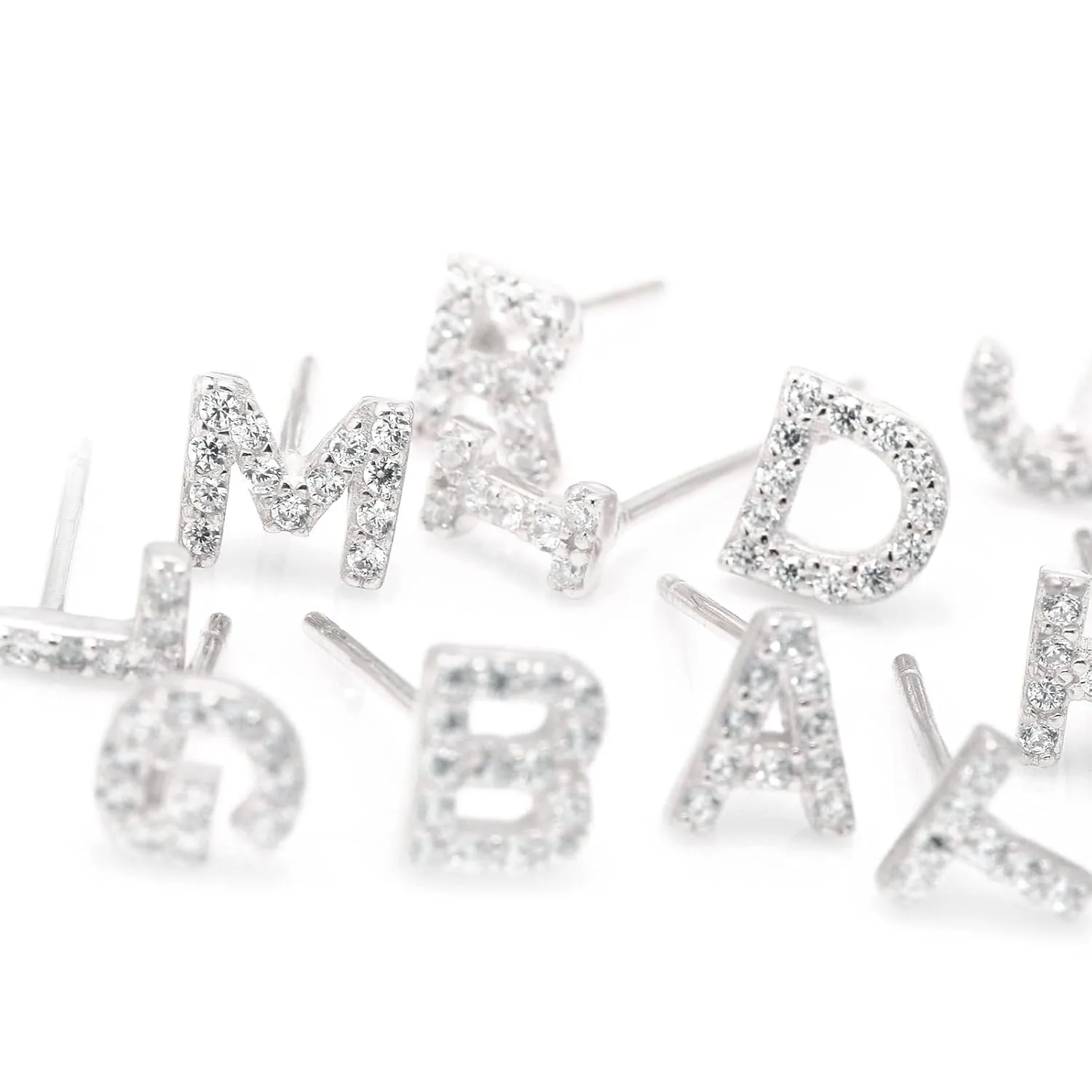 Tiny Sterling Silver Letter N Initial Earrings Studs Cubic Zirconia Diamond Earrings for Women, White Gold Plated