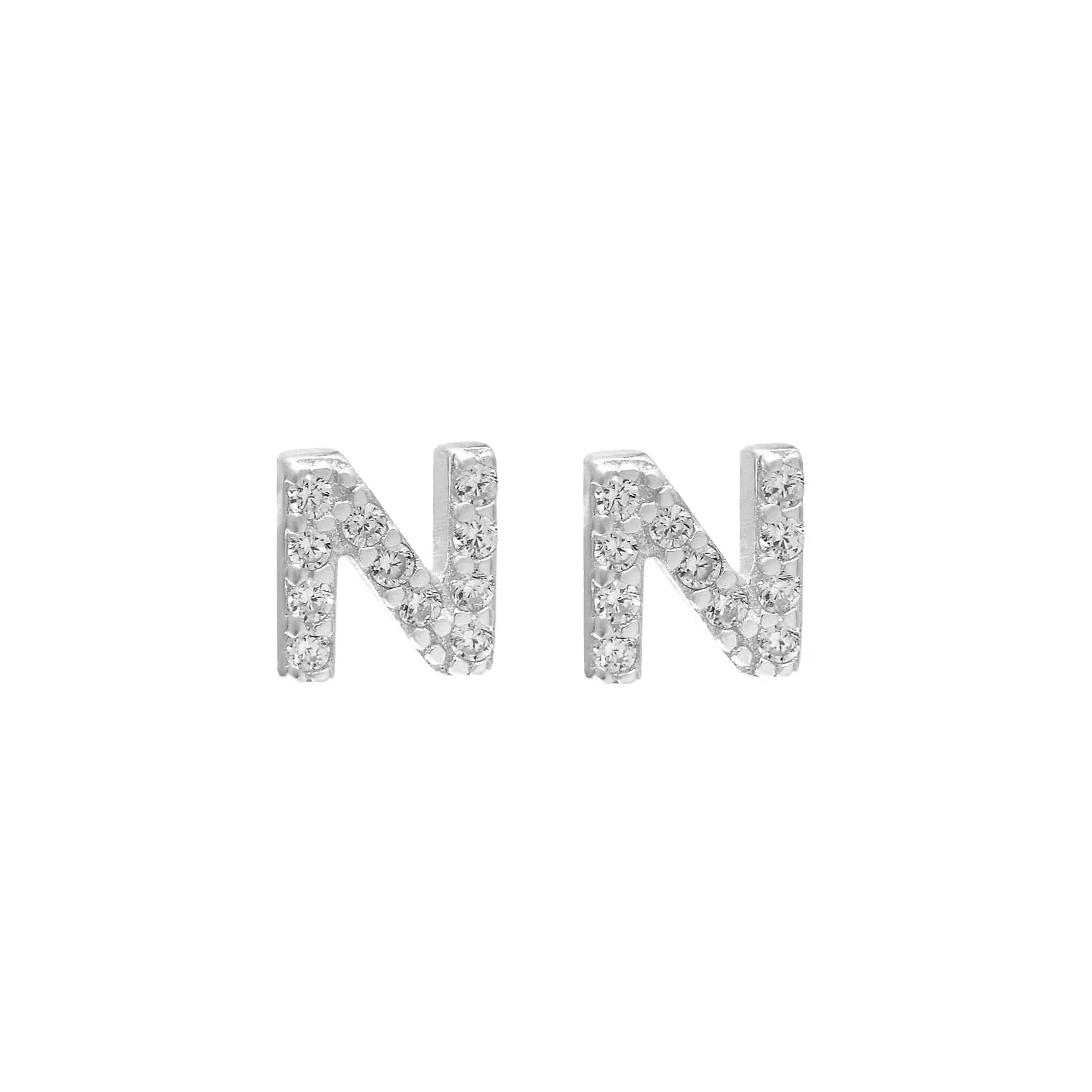 Tiny Sterling Silver Letter N Initial Earrings Studs Cubic Zirconia Diamond Earrings for Women, White Gold Plated
