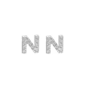 Tiny Sterling Silver Letter N Initial Earrings Studs Cubic Zirconia Diamond Earrings for Women, White Gold Plated