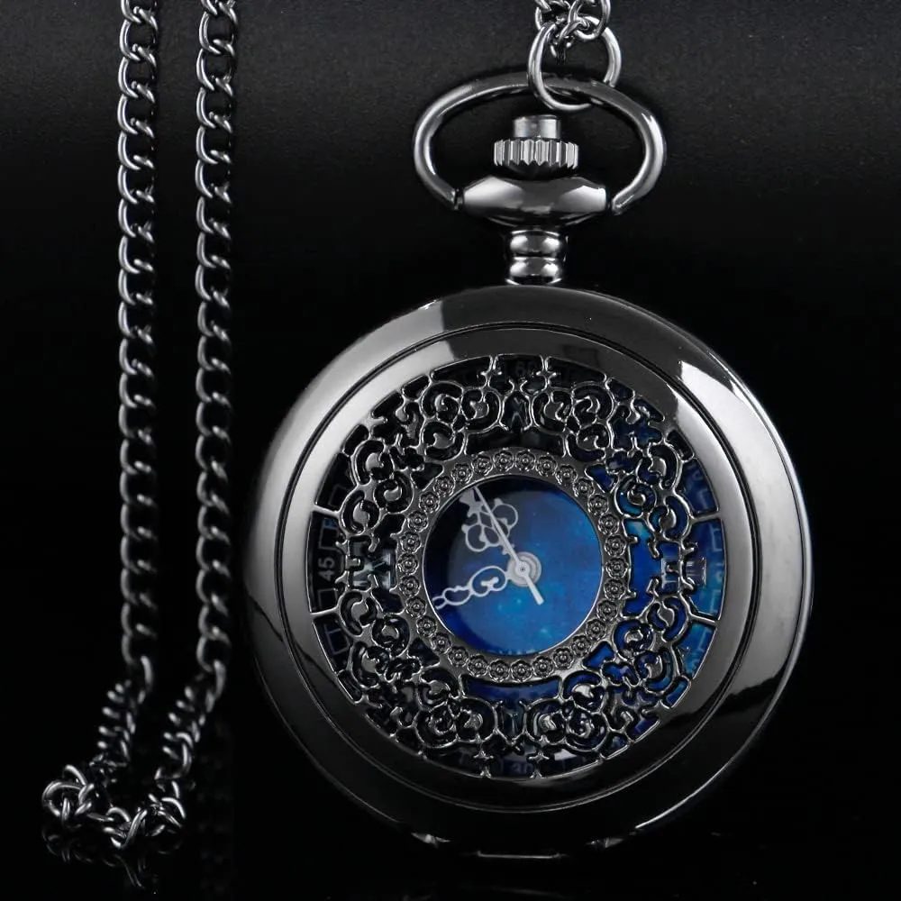 Tiong Pocket Watch Hollow Blue Star Design Roman Numerals Quartz with Chain Christmas Birthday Gifts