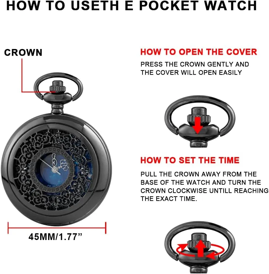 Tiong Pocket Watch Hollow Blue Star Design Roman Numerals Quartz with Chain Christmas Birthday Gifts