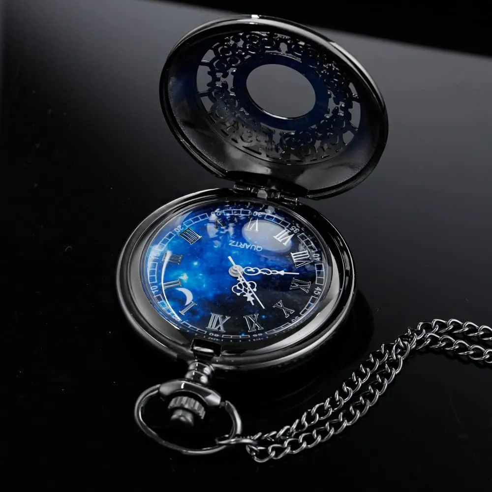 Tiong Pocket Watch Hollow Blue Star Design Roman Numerals Quartz with Chain Christmas Birthday Gifts