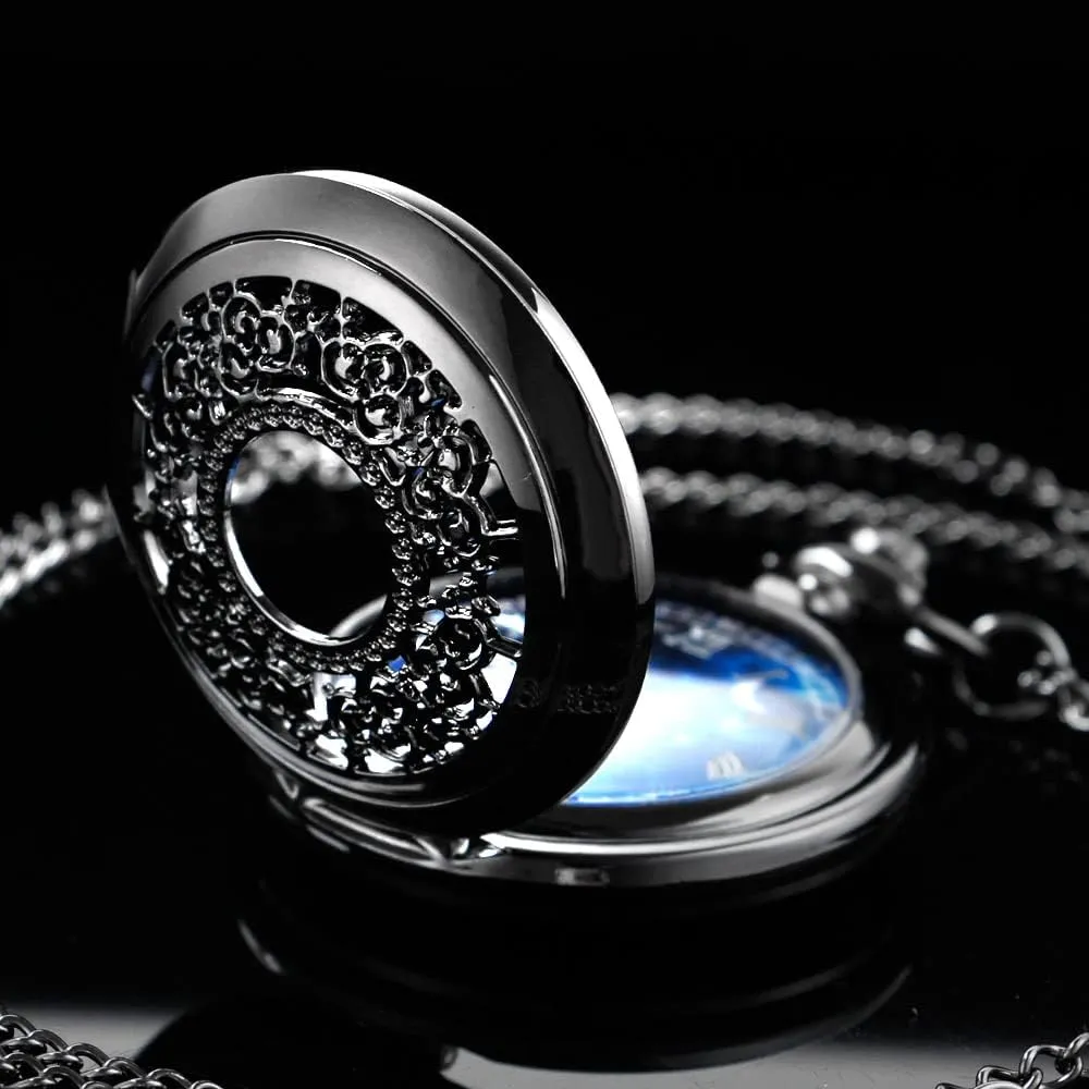 Tiong Pocket Watch Hollow Blue Star Design Roman Numerals Quartz with Chain Christmas Birthday Gifts