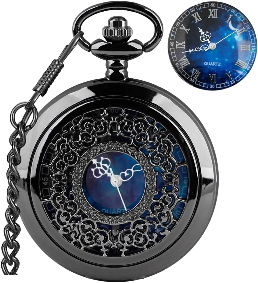 Tiong Pocket Watch Hollow Blue Star Design Roman Numerals Quartz with Chain Christmas Birthday Gifts