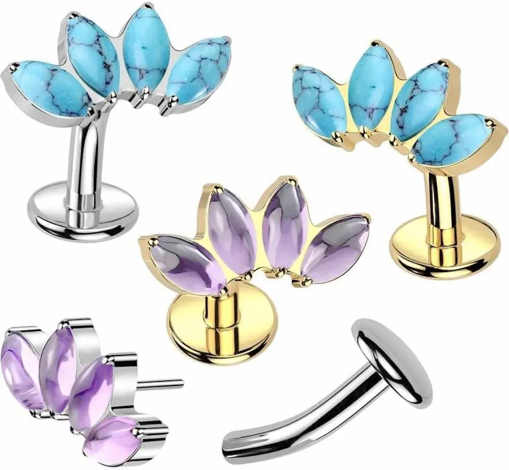 Titanium Threadless Floating Convex Base Belly Button Ring With 4 Marquise Natural Stone Fan Top