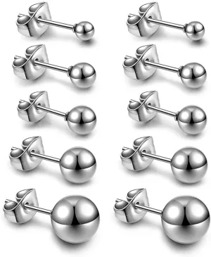 Top Plaza 10Pcs Hypoallergenic Stainless Steel Round Ball Earrings for Women Men Studs Earring Set 3mm-8mm