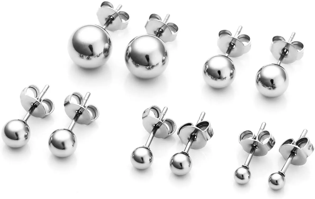 Top Plaza 10Pcs Hypoallergenic Stainless Steel Round Ball Earrings for Women Men Studs Earring Set 3mm-8mm