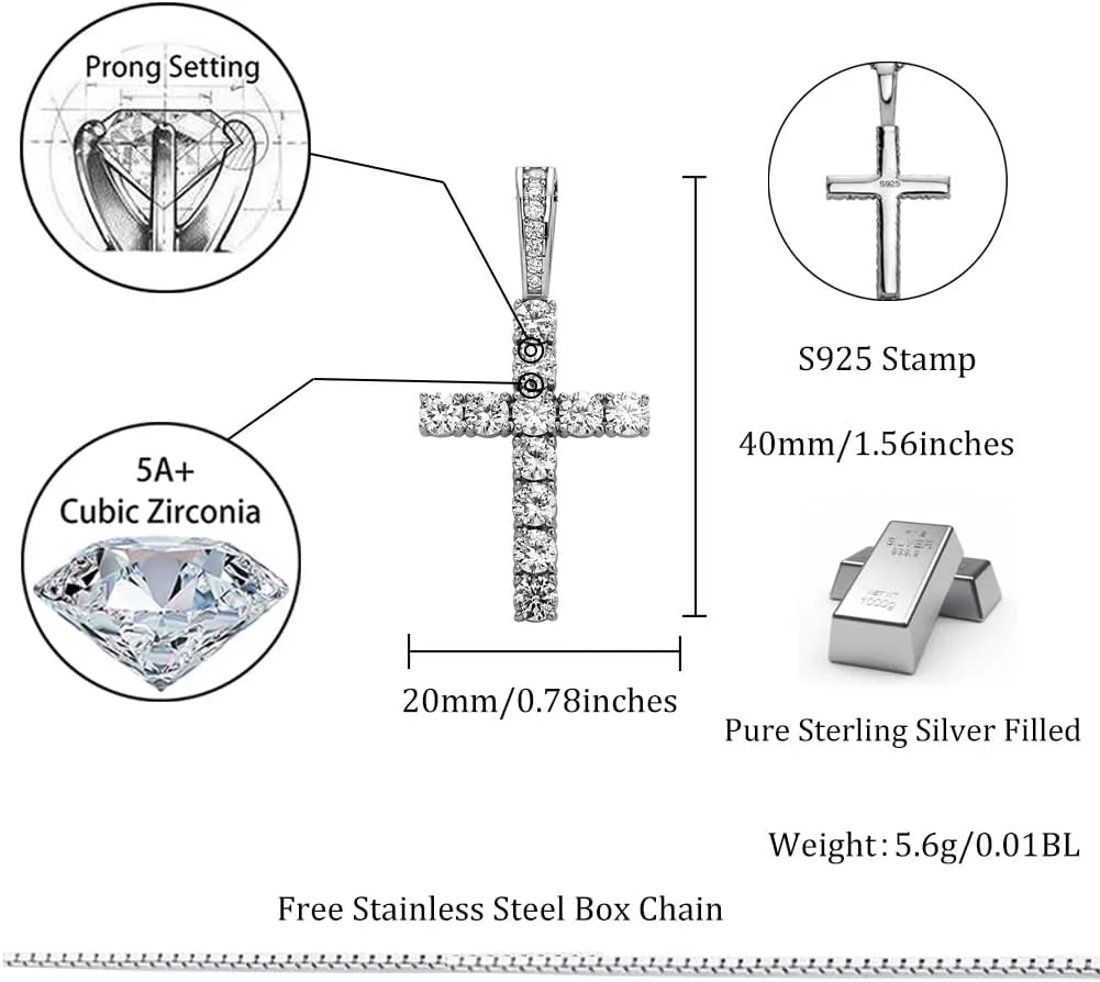 TOPGRILLZ Cross Necklace for Women Sterling Silver Necklace Gold Cross Necklace Iced out Cubic Zirconia Cross Chain for Men Cross Pendant with 20 Stainless Box Chain