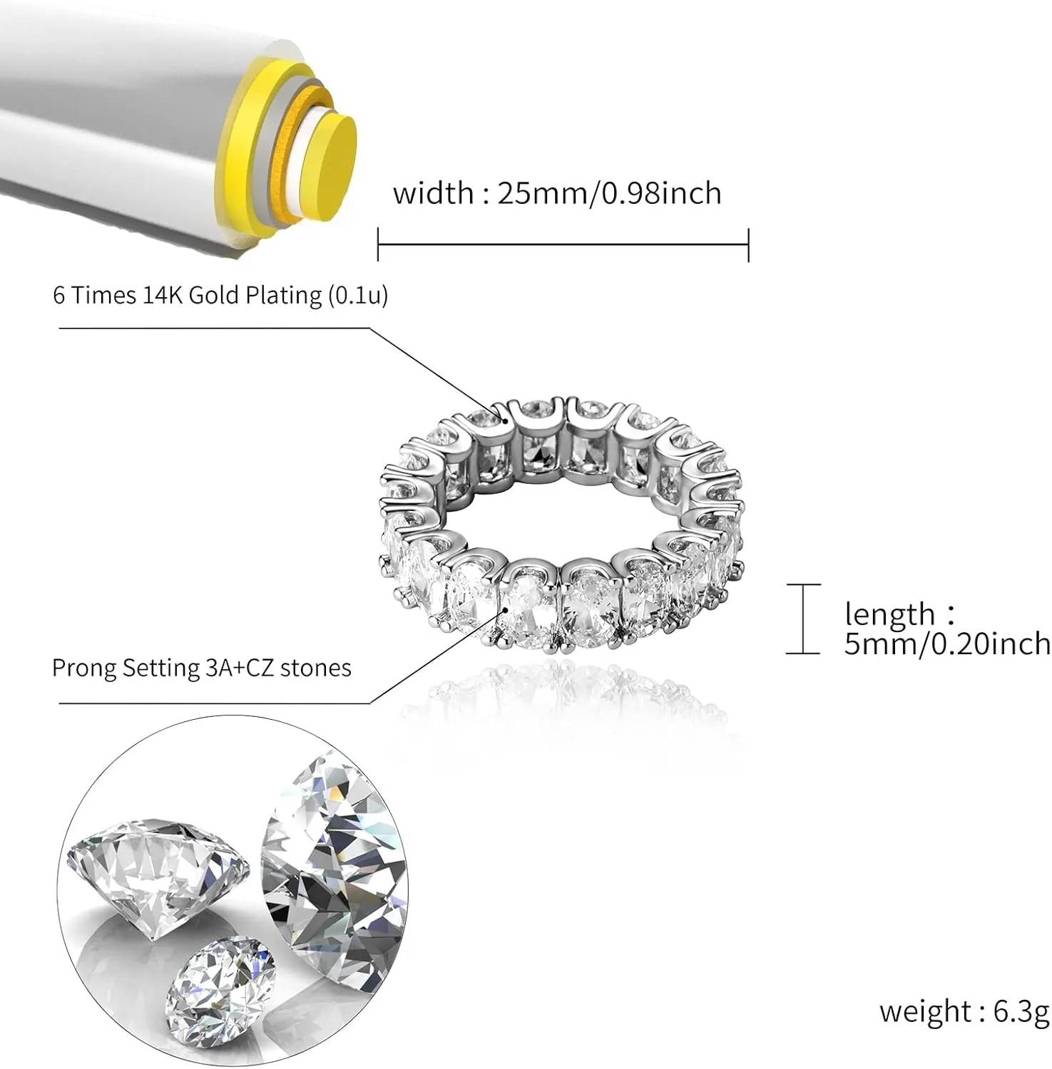 TOPGRILLZ Iced Out Baguette Oval Ring Cubic Zirconia Diamond 14K Gold Silver Band Pinky Eternity Ring for Men Women