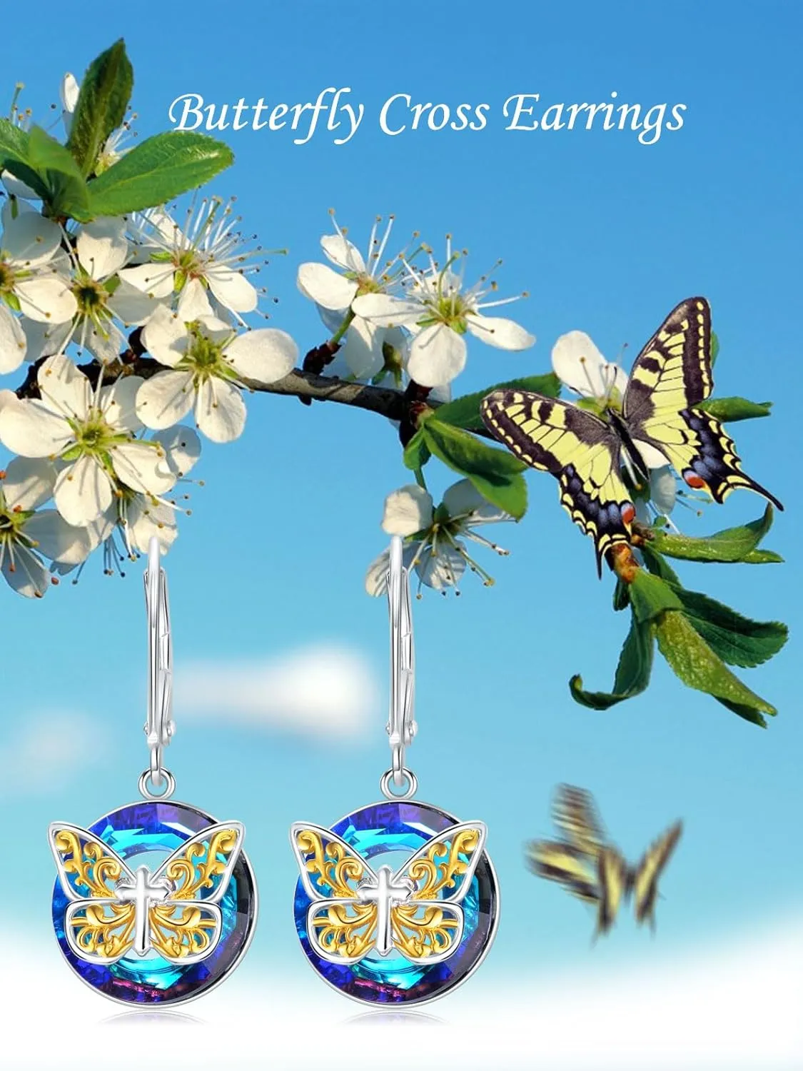 TOUPOP Butterfly Earrings for Women Sterling Silver Cross/Rose/Heart Drop Dangle Earrings Blue Crystal Butterfly Jewelry Birthday Valentine's Day Mother's Day Gifts for Her Wife Mom