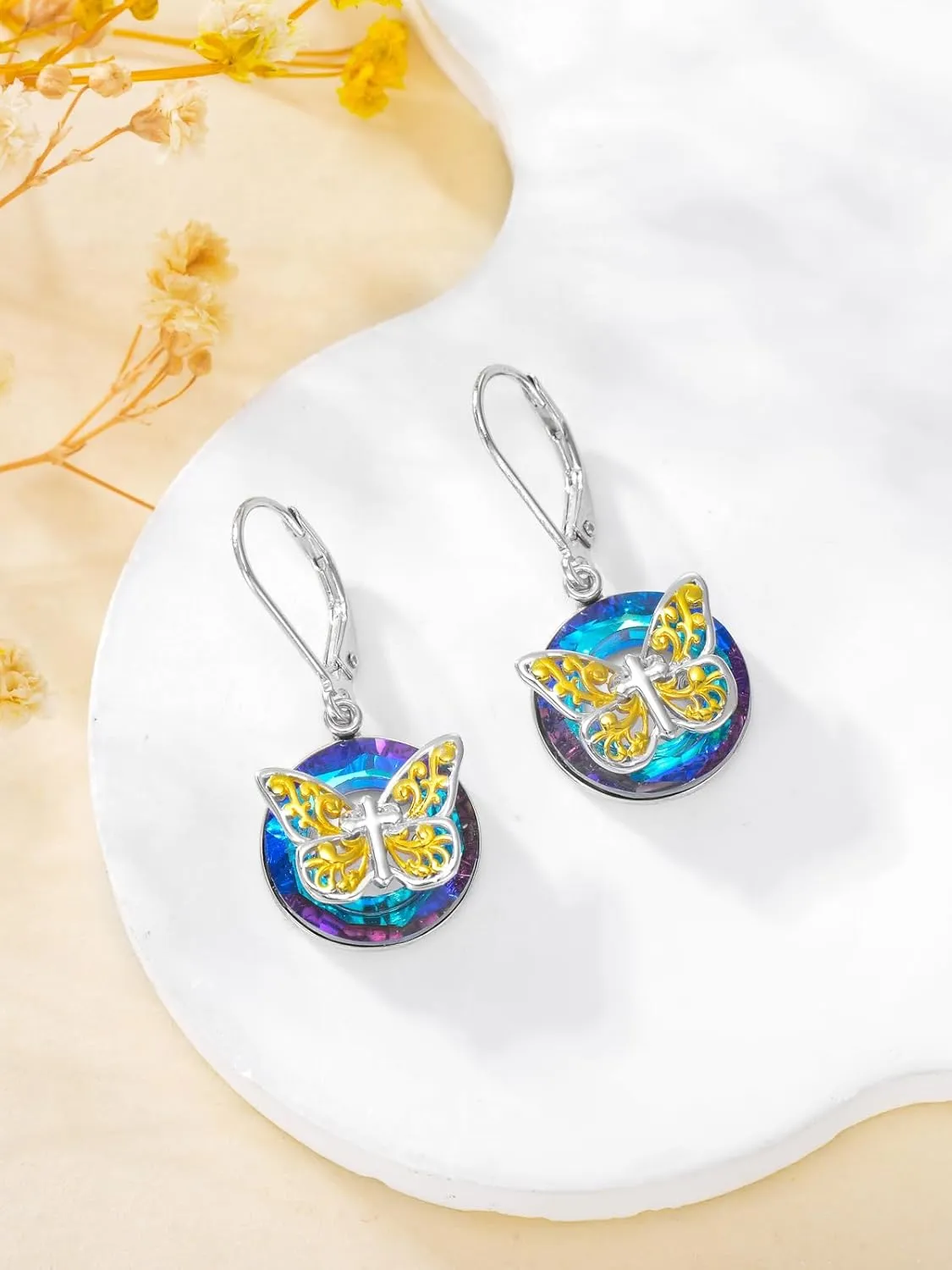 TOUPOP Butterfly Earrings for Women Sterling Silver Cross/Rose/Heart Drop Dangle Earrings Blue Crystal Butterfly Jewelry Birthday Valentine's Day Mother's Day Gifts for Her Wife Mom