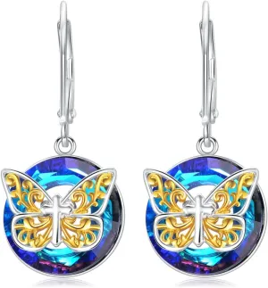 TOUPOP Butterfly Earrings for Women Sterling Silver Cross/Rose/Heart Drop Dangle Earrings Blue Crystal Butterfly Jewelry Birthday Valentine's Day Mother's Day Gifts for Her Wife Mom