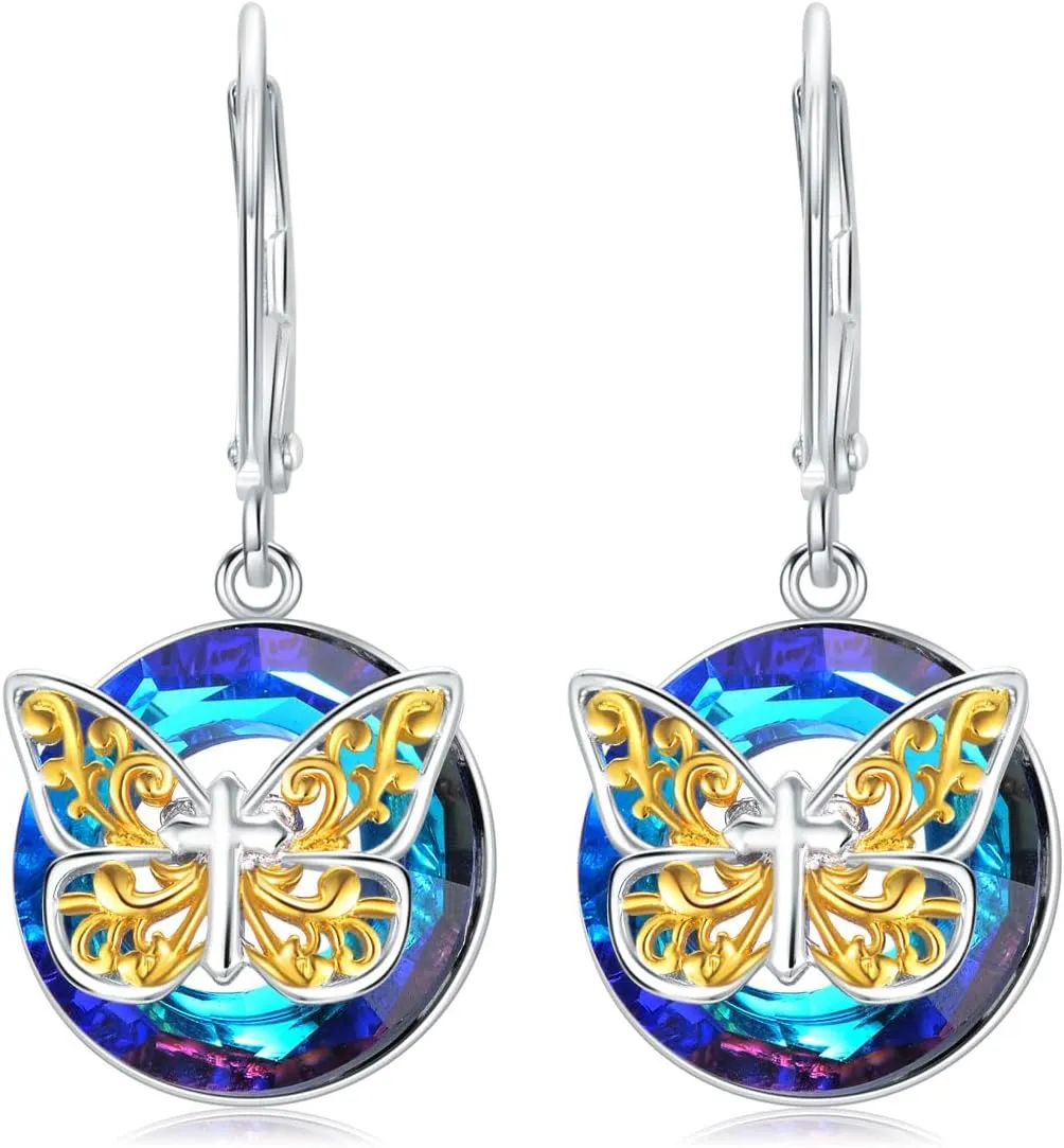 TOUPOP Butterfly Earrings for Women Sterling Silver Cross/Rose/Heart Drop Dangle Earrings Blue Crystal Butterfly Jewelry Birthday Valentine's Day Mother's Day Gifts for Her Wife Mom