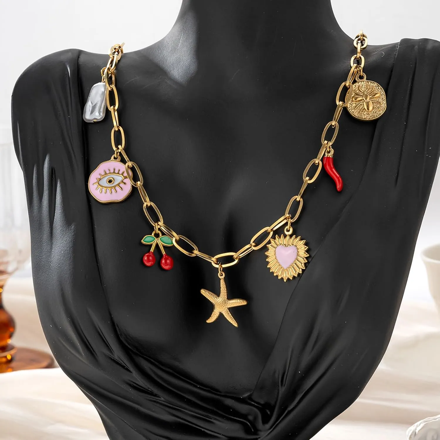 Trendy Stainless Steel Gold Plated Charm Necklace with Heart Pearl Pepper Conch Ceramic Pendant Necklace for Women Collares Chokers Jewelry